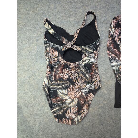 Hurley One Piece Rash Guard Set L/XL Black Floral Long Sleeve SPF 50+ Swim Suit - Picture 6 of 9